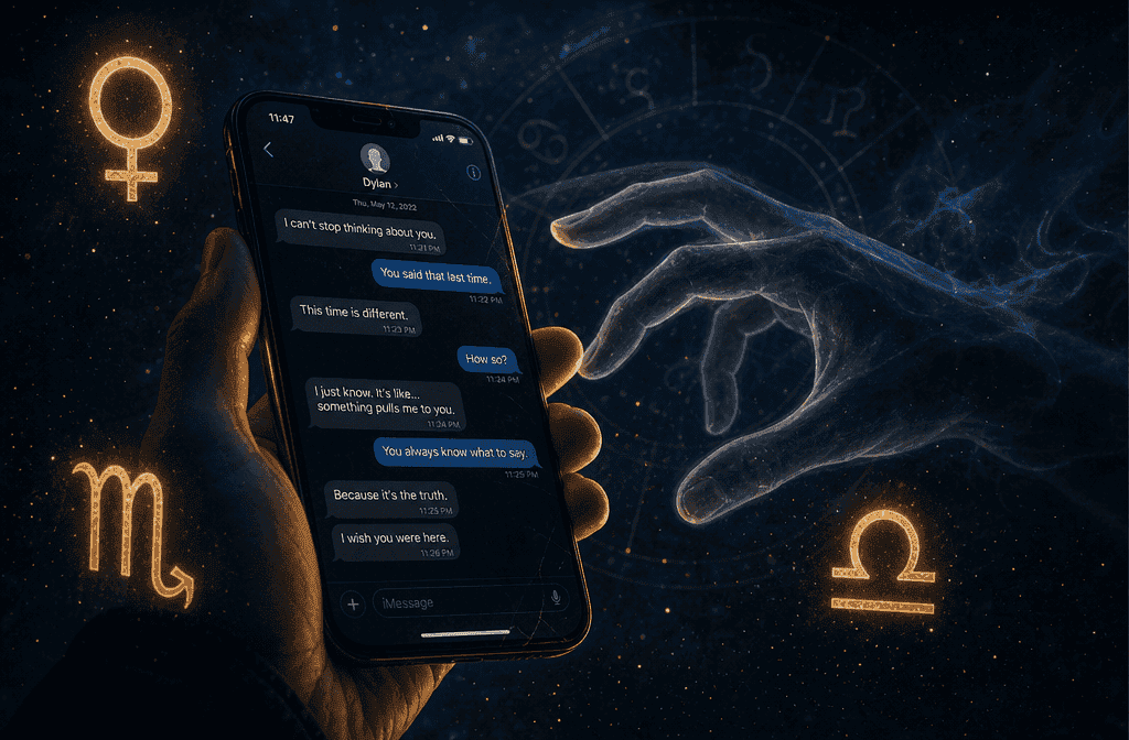 () dramatic close-up scene of a phone screen showing an old text message thread glowing in the dark, with a ghostly hand