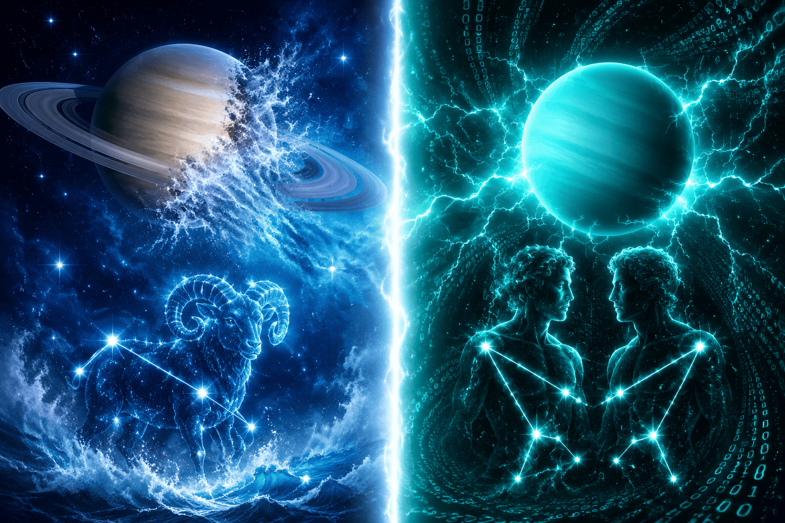 () dramatic split-scene image: left side shows Saturn as a ringed planet dissolving into ocean mist (Neptune symbolism)