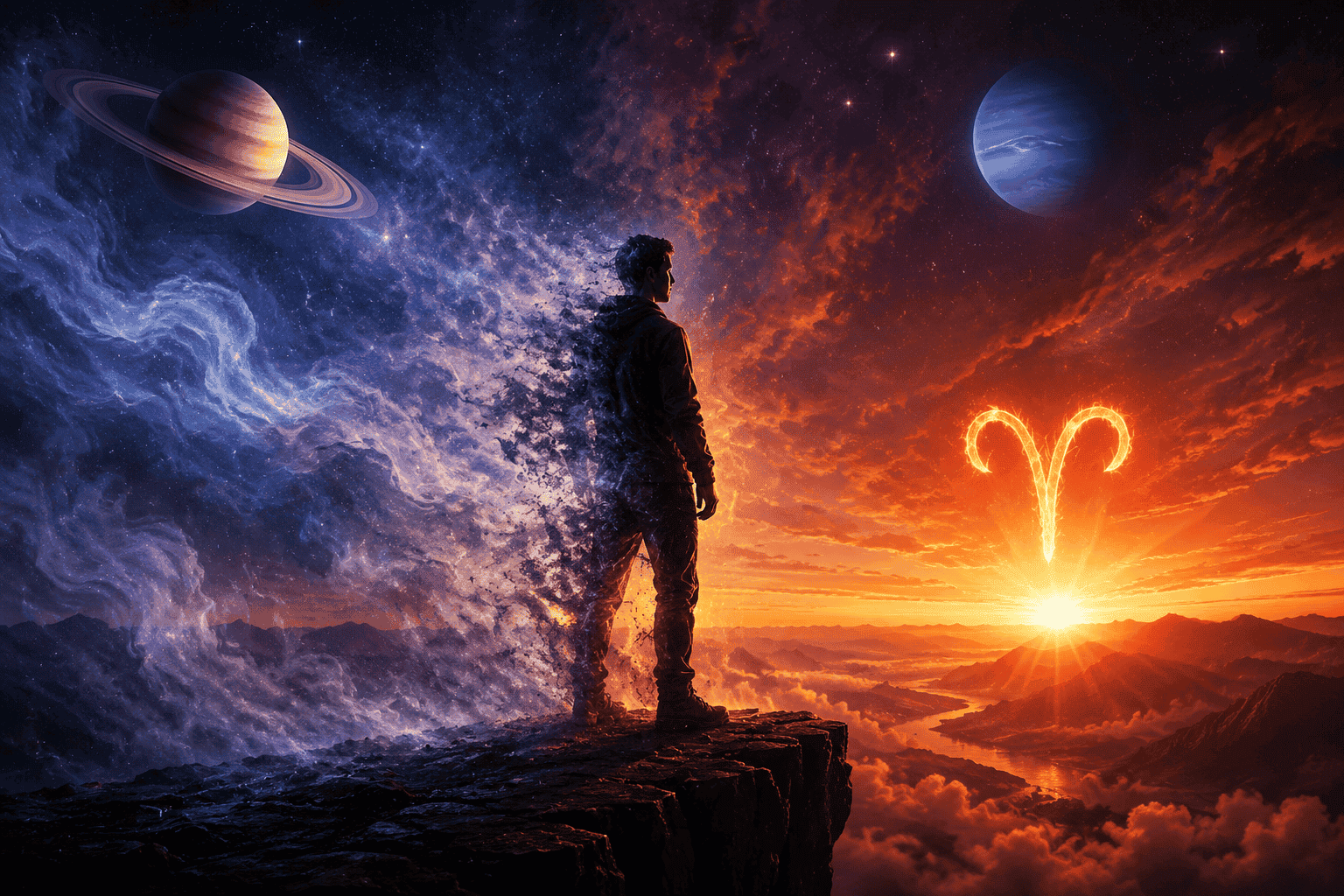 () dramatic wide-angle scene of a person standing on a cliff at dawn, their silhouette dissolving into cosmic mist on one