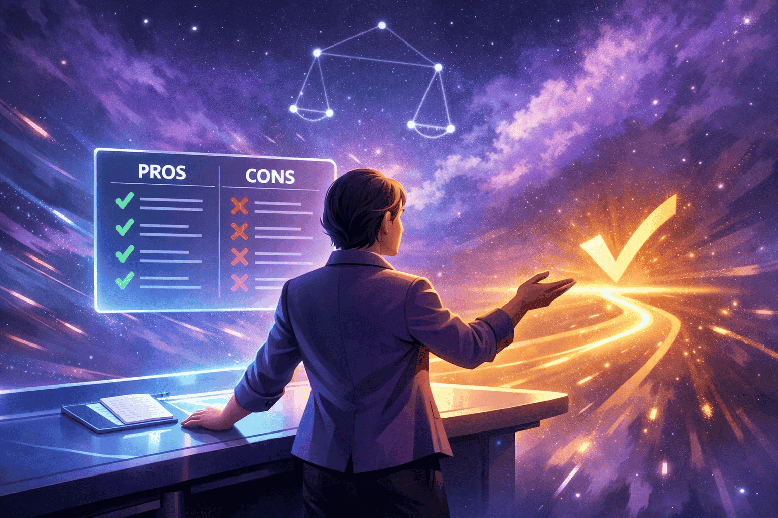 () dynamic action-oriented scene showing a Libra person confidently making a decision: a stylized figure standing at a