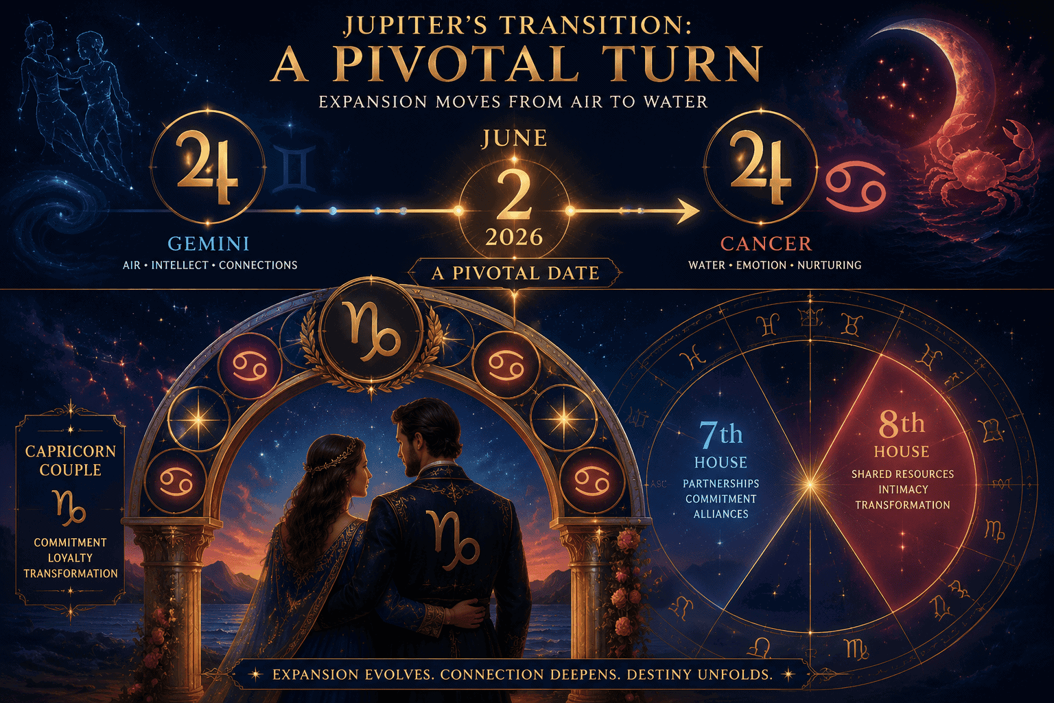 () dynamic astrological calendar graphic showing June 2 2026 highlighted in gold as a pivotal date, with Jupiter's glyph
