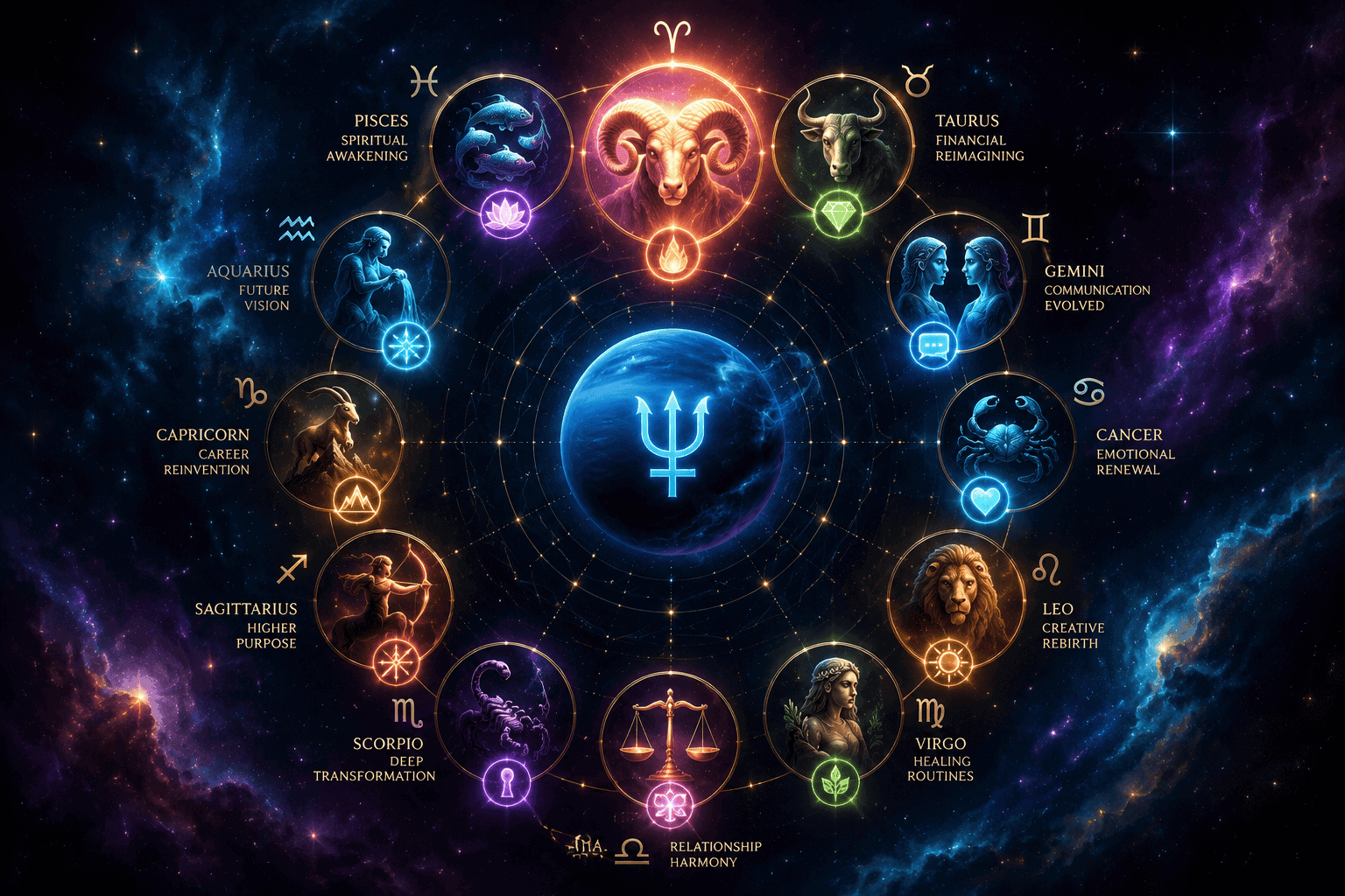 () dynamic conceptual illustration of twelve zodiac sign symbols arranged in a circle, each with a small glowing icon