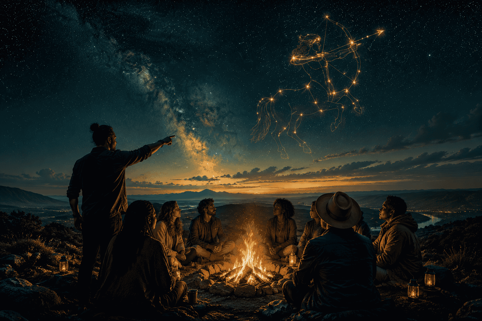 () dynamic scene showing a diverse group of people gathered around a fire under a night sky filled with stars and the