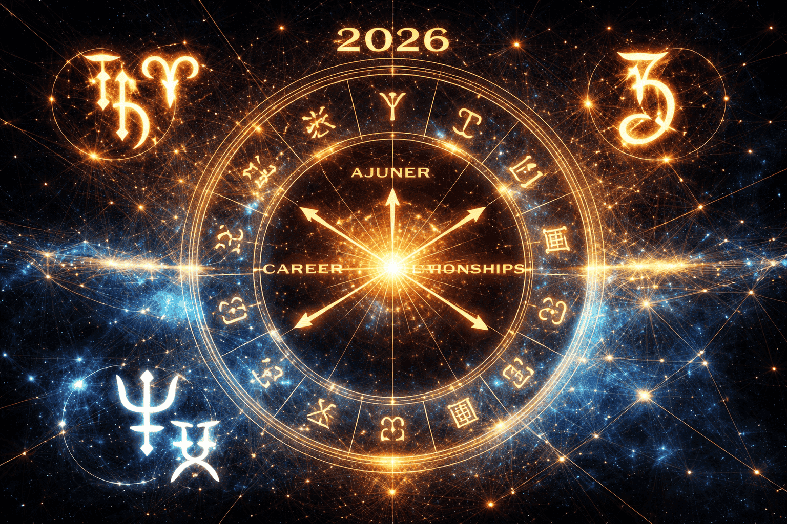 () dynamic scene showing a glowing astrological calendar for 2026 with key planetary symbols highlighted: Saturn in Aries