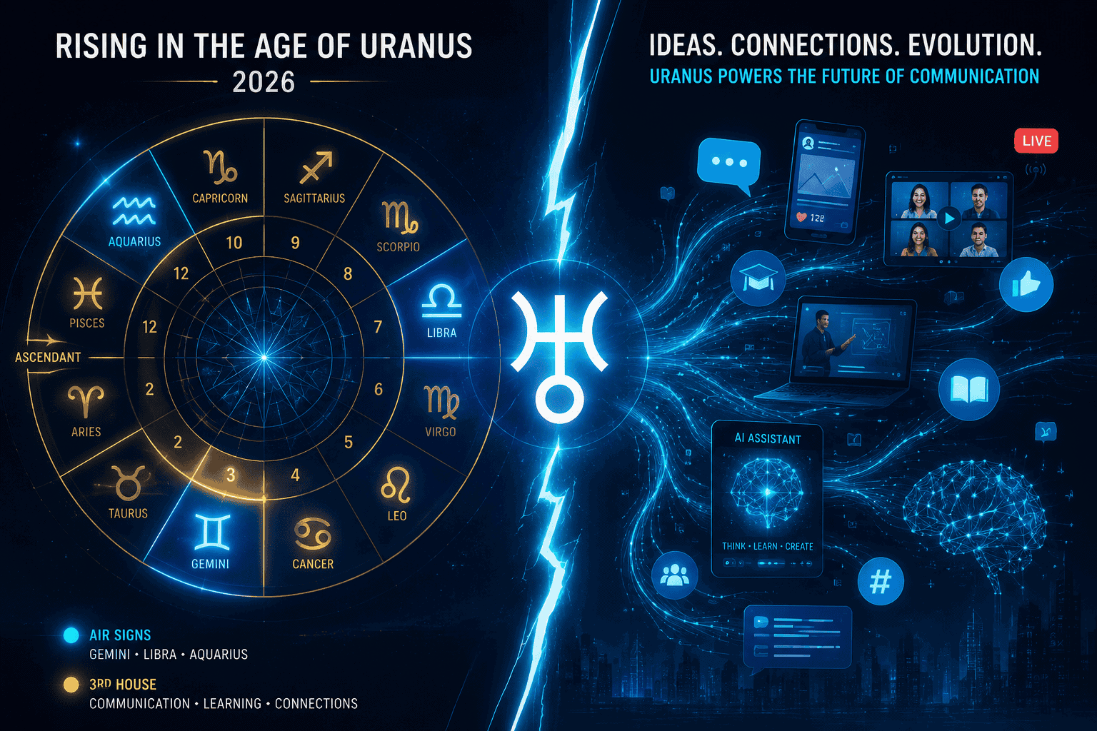 () dynamic split-panel infographic style image: left panel shows a rising sign wheel with 12 sections, each labeled with a