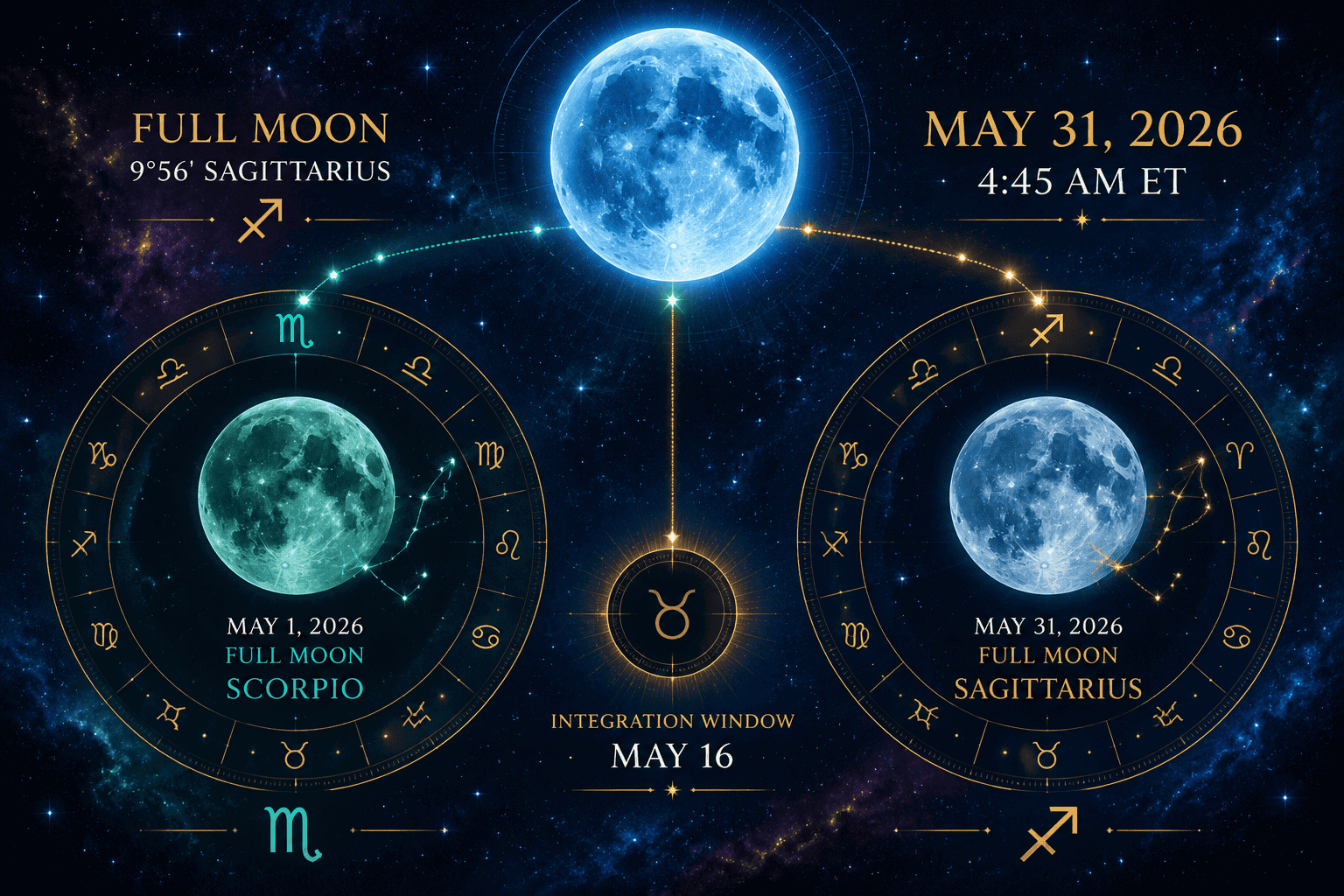 () editorial illustration of a glowing blue full moon at 9°56' Sagittarius hovering above a cosmic calendar showing May 31,