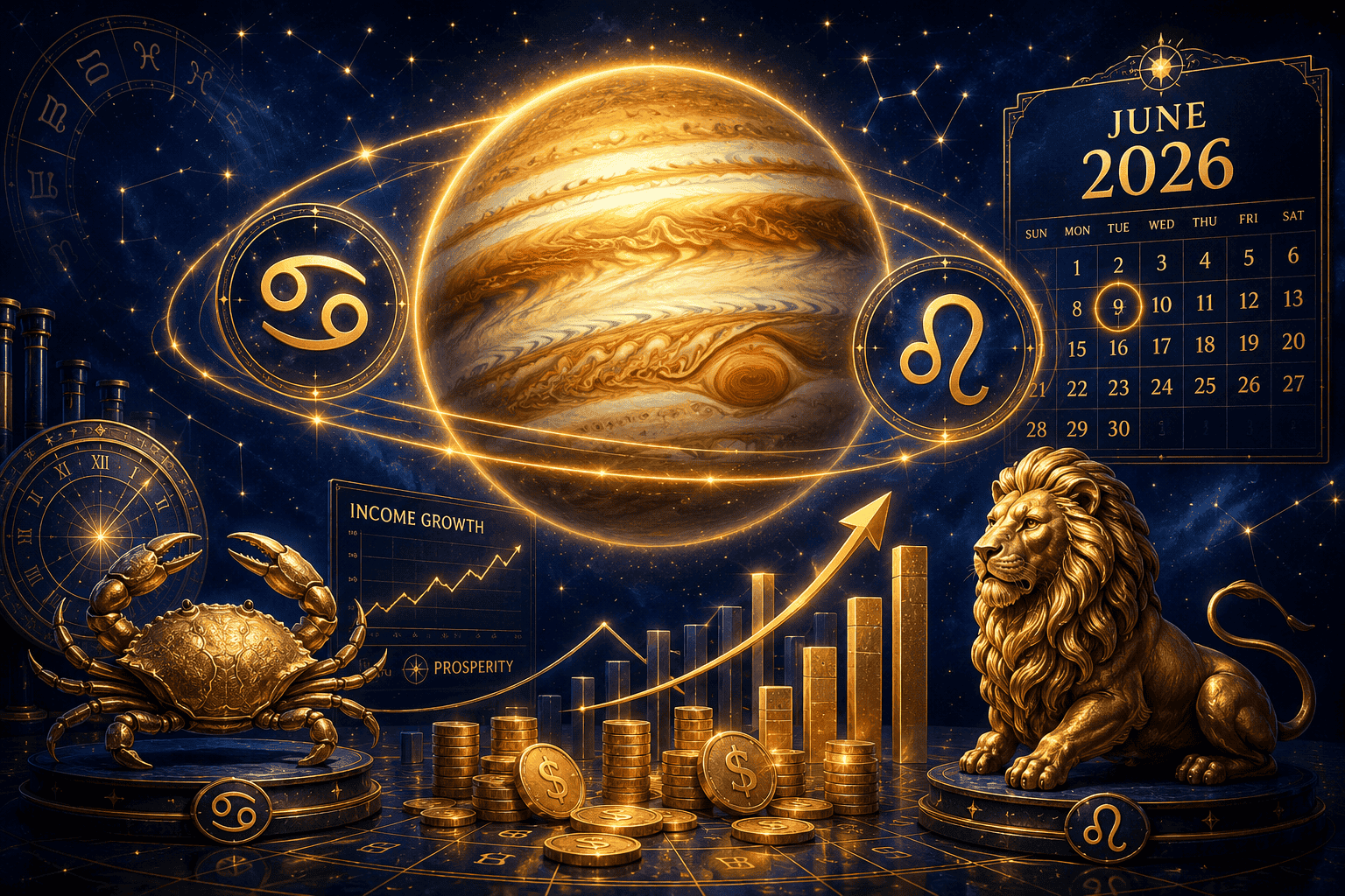 () editorial illustration showing Jupiter planet glowing in warm amber light with Cancer and Leo zodiac symbols orbiting it,