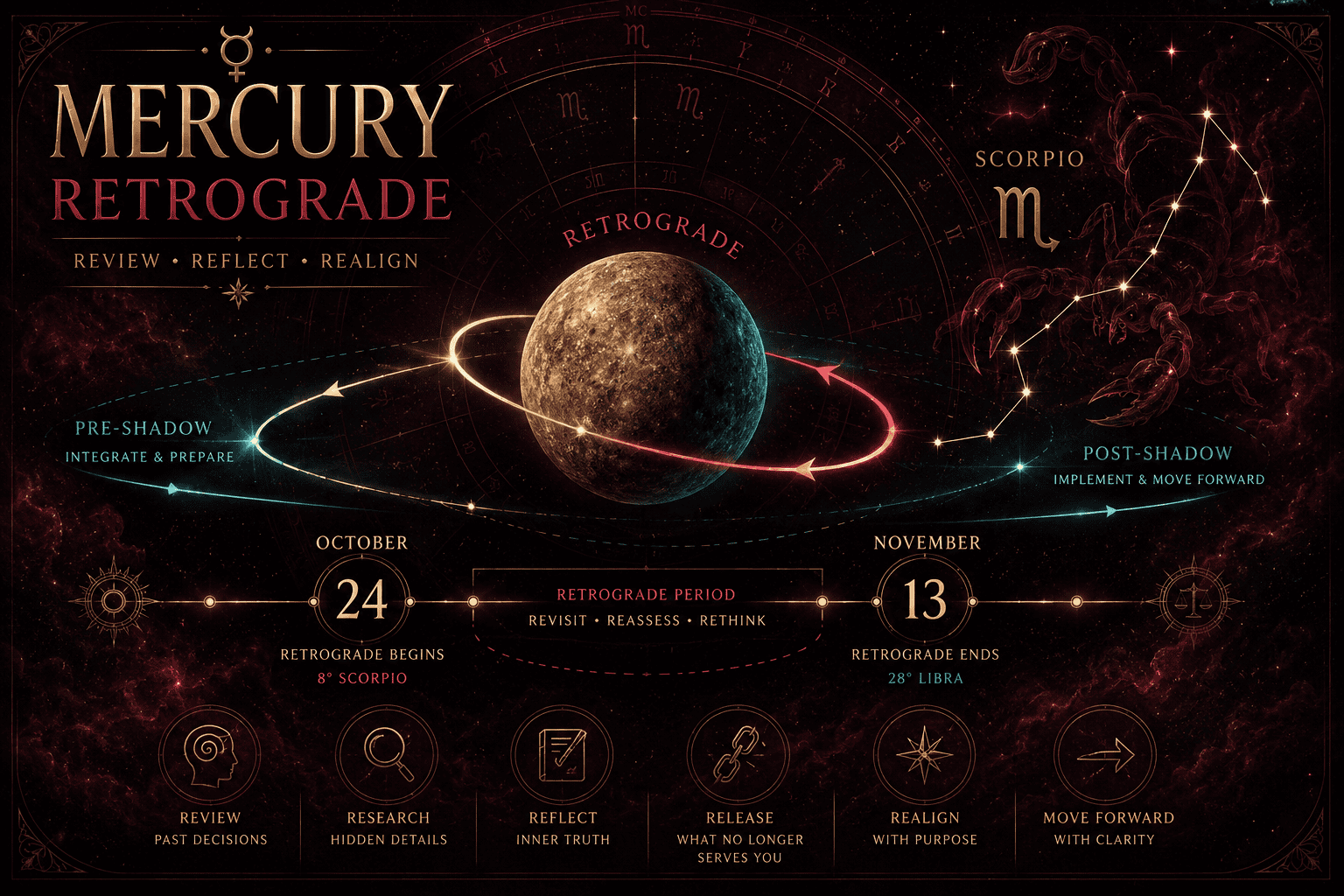 () editorial illustration showing Mercury planet in retrograde motion with backward-curving orbit path over a dark Scorpio