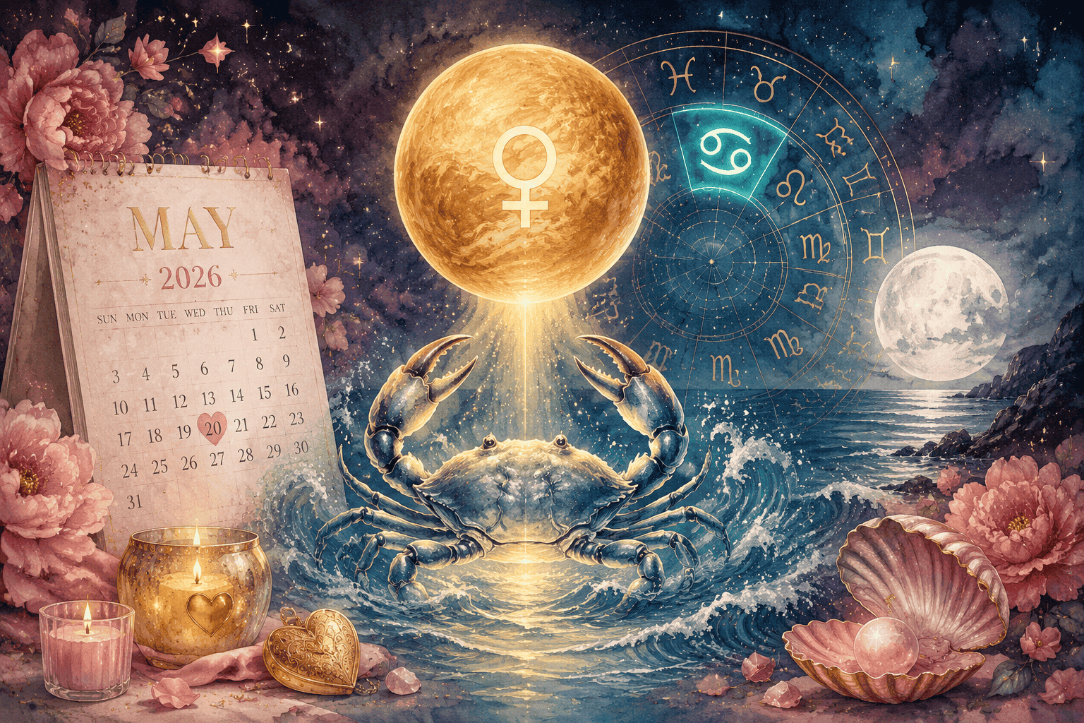 () editorial illustration showing Venus as a glowing golden planet descending into a Cancer crab constellation symbol