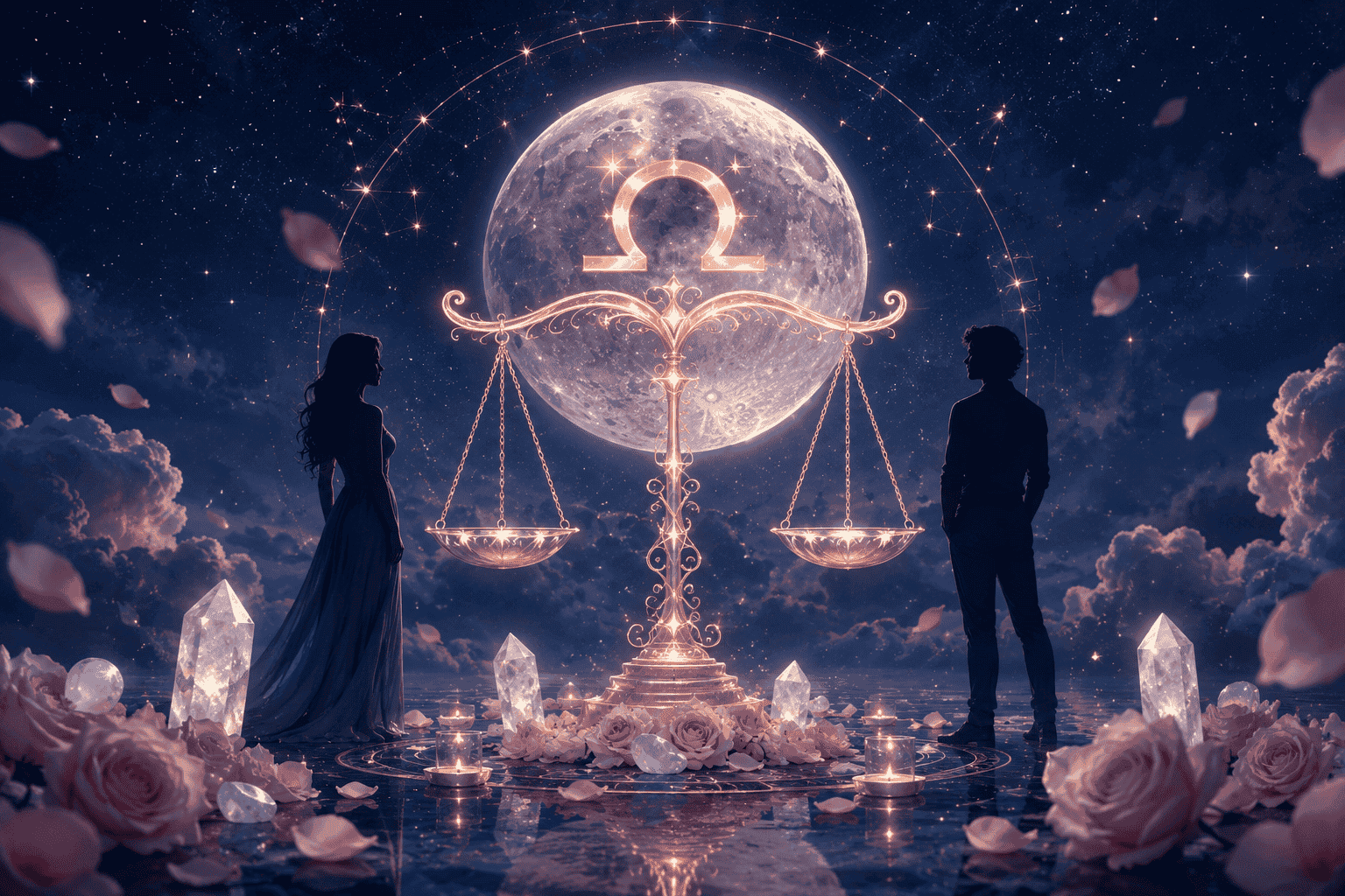 () editorial illustration showing a glowing Libra scales symbol floating above a moonlit sky with the full moon at center,