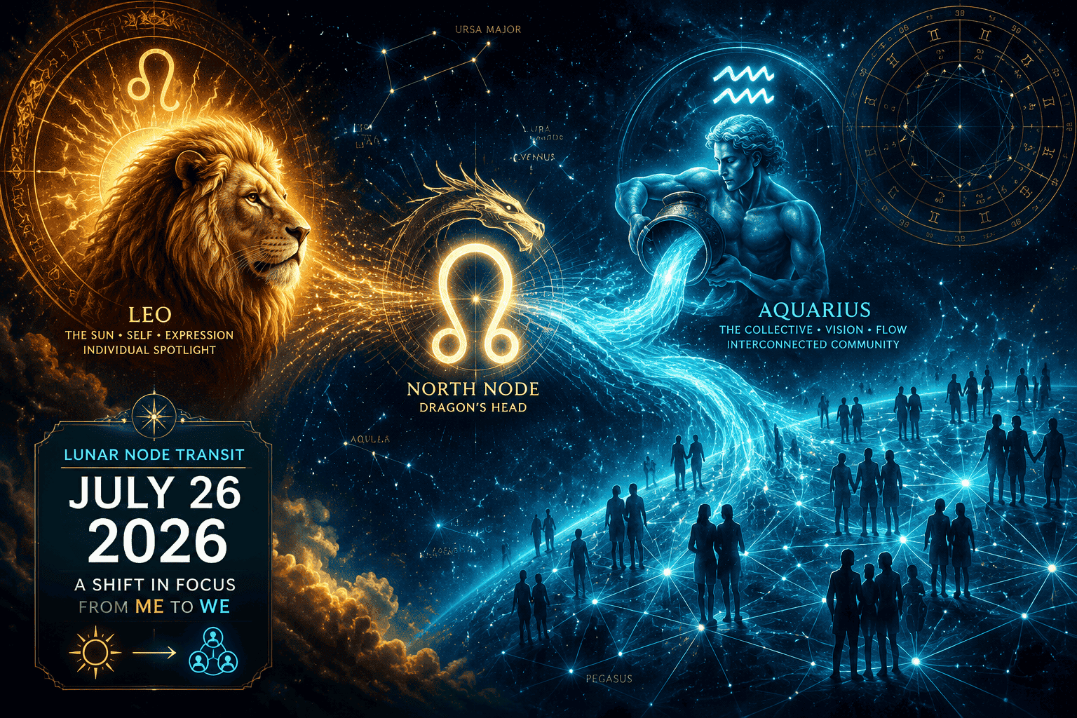 () editorial illustration showing a luminous lunar node symbol (dragon's head) transitioning from a golden Leo sun motif