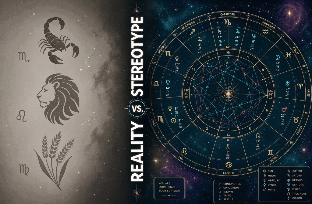 () editorial illustration showing a split-panel concept: left side displays a simple, flat zodiac symbol (Scorpio stinger,
