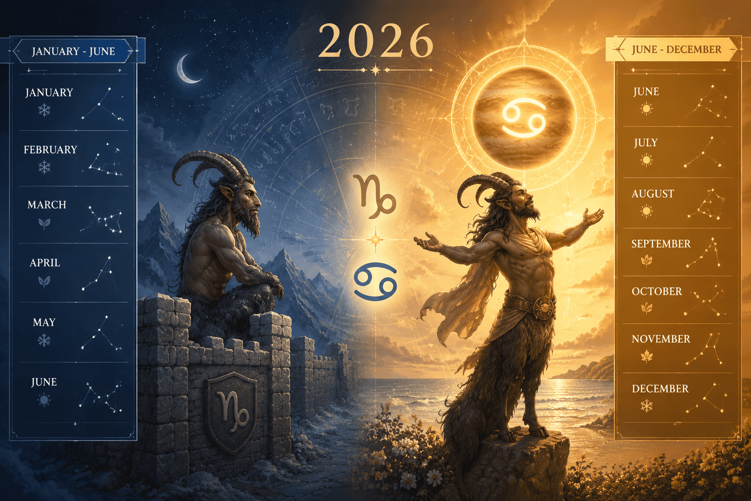 () editorial illustration showing a split timeline calendar for 2026 with January through June on the left side in cool blue