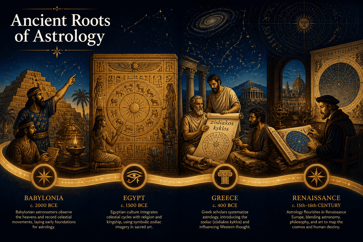 () editorial illustration showing a timeline of astrology history: ancient Babylonian astronomers on a ziggurat pointing at