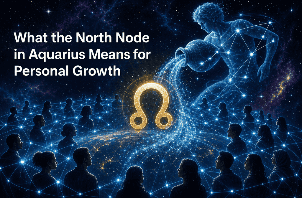 () editorial illustration showing the North Node symbol (a horseshoe-shaped glyph in gold) entering the Aquarius