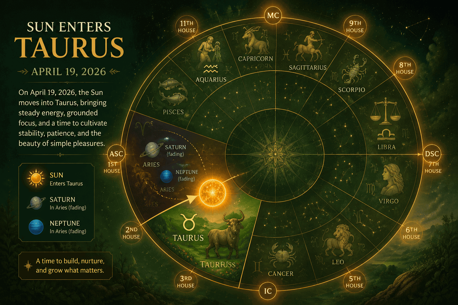 () editorial illustration showing the Sun moving into the Taurus constellation on April 19 2026, depicted as a golden solar