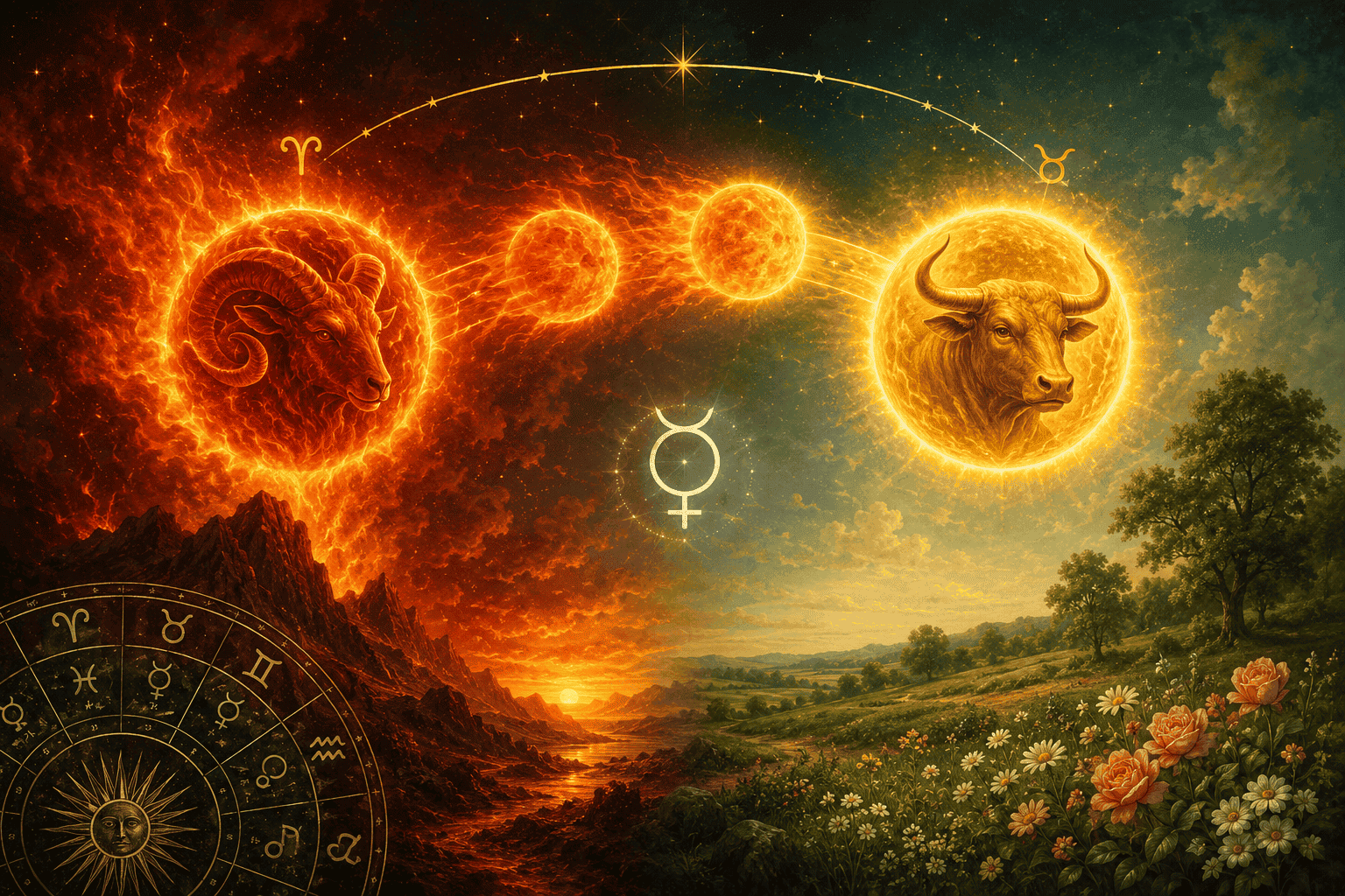 () editorial illustration showing the Sun transitioning from a fiery red Aries ram symbol into a calm golden Taurus bull,