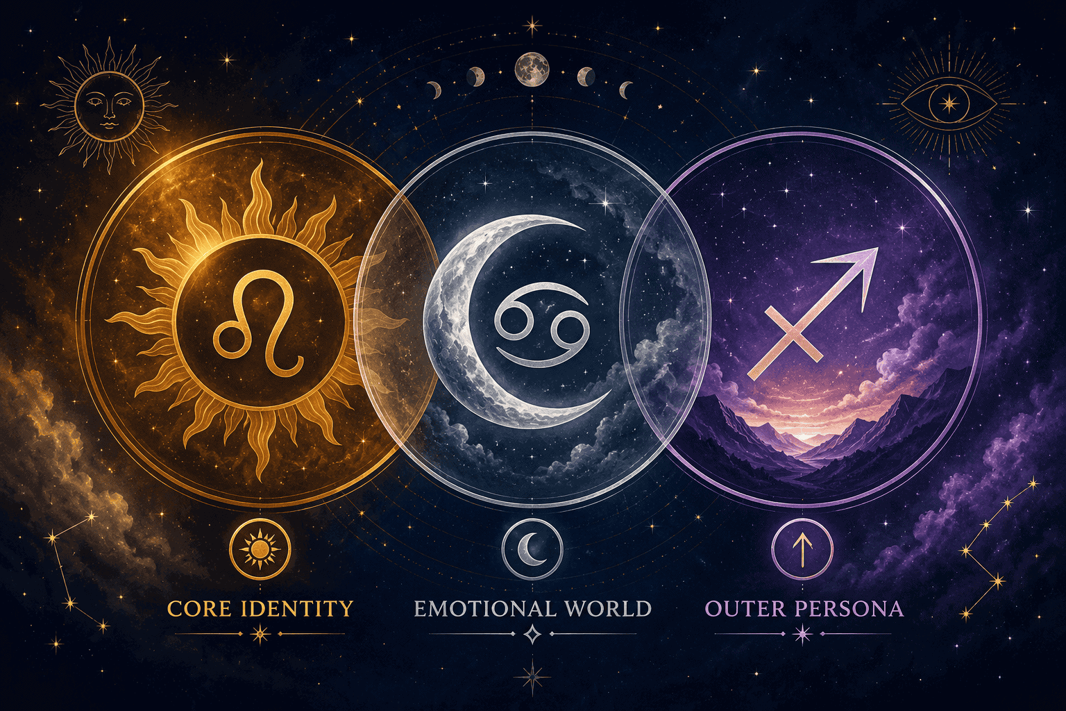 () editorial illustration showing three overlapping circles in gold, silver, and violet representing Sun, Moon, and Rising