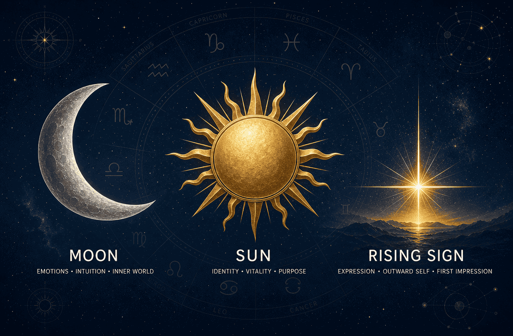 () editorial illustration showing three symbolic astrological symbols side by side: a silver crescent moon, a golden sun