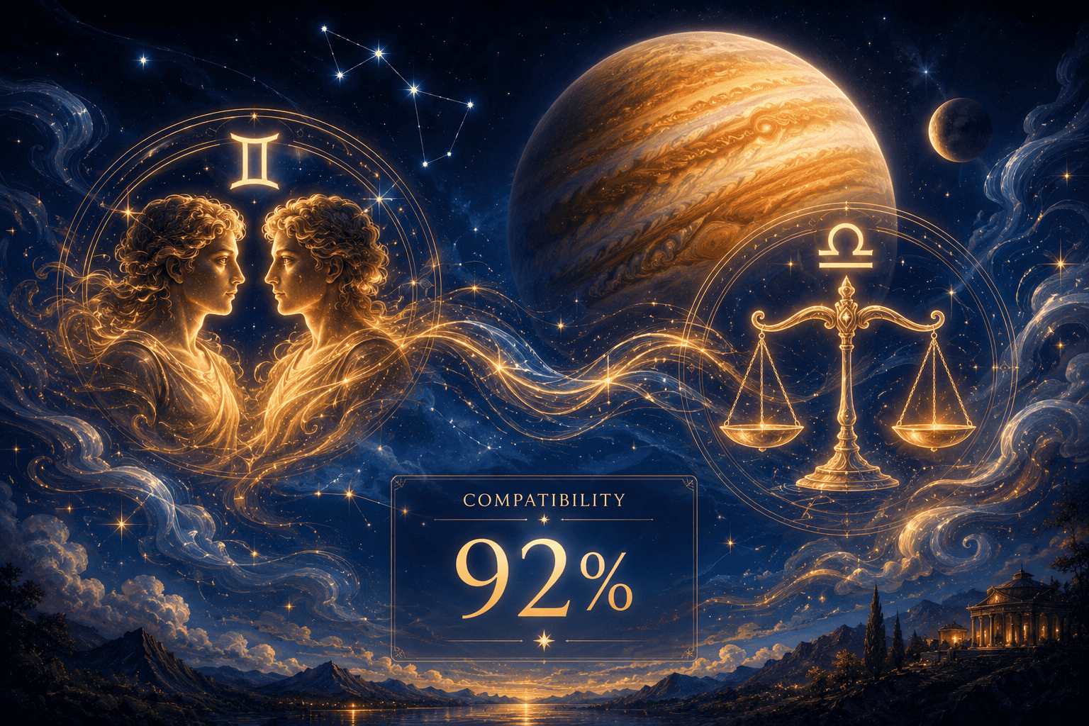 () editorial illustration showing two glowing air-element symbols — Gemini twins and Libra scales — connected by flowing