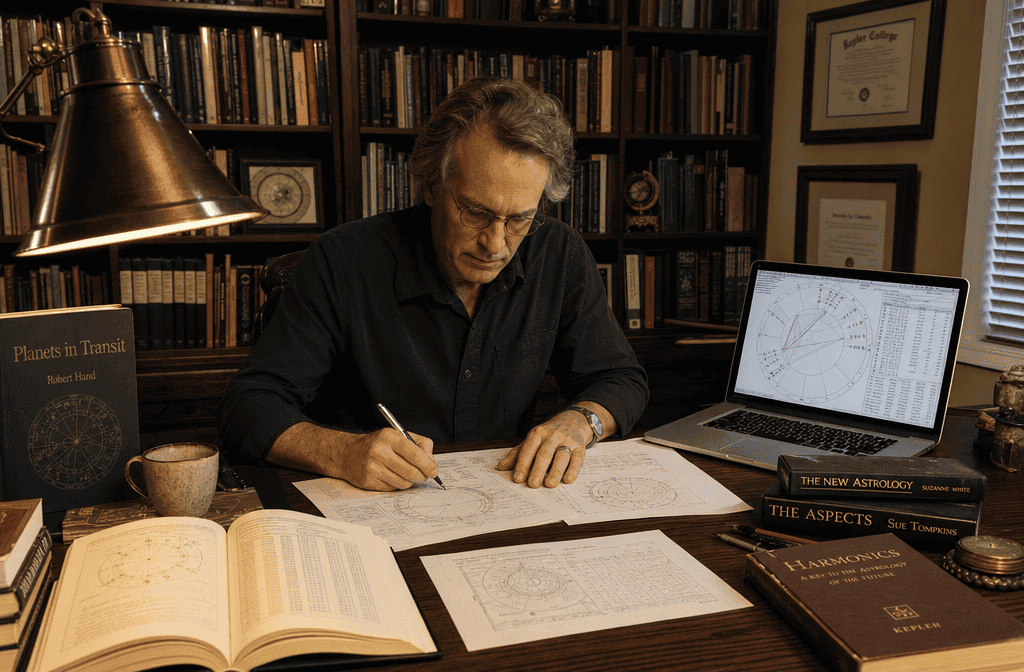 () editorial scene showing a professional astrologer at a large wooden desk covered with open birth chart printouts,