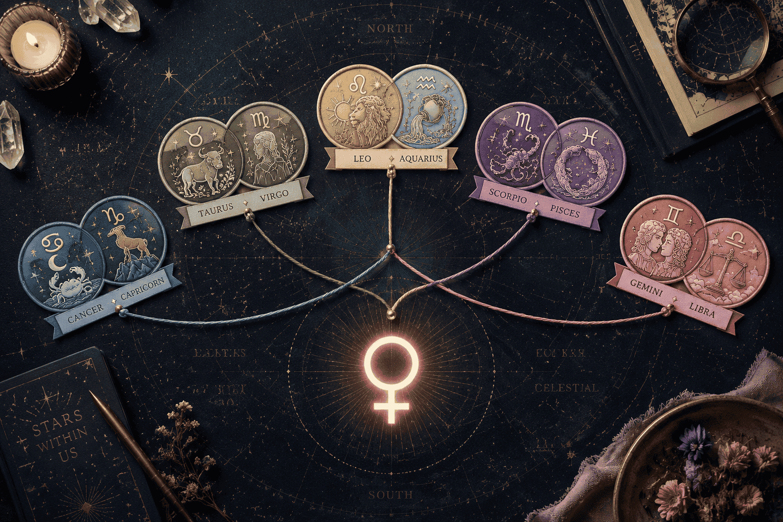 () flat-lay style infographic showing five zodiac pair badges arranged in a gentle arc: Cancer-Capricorn, Taurus-Virgo,