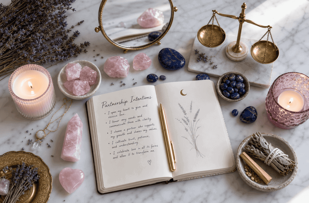 () flat-lay styled photograph concept showing a ritual altar setup from above: rose quartz crystals, lapis lazuli stones, a