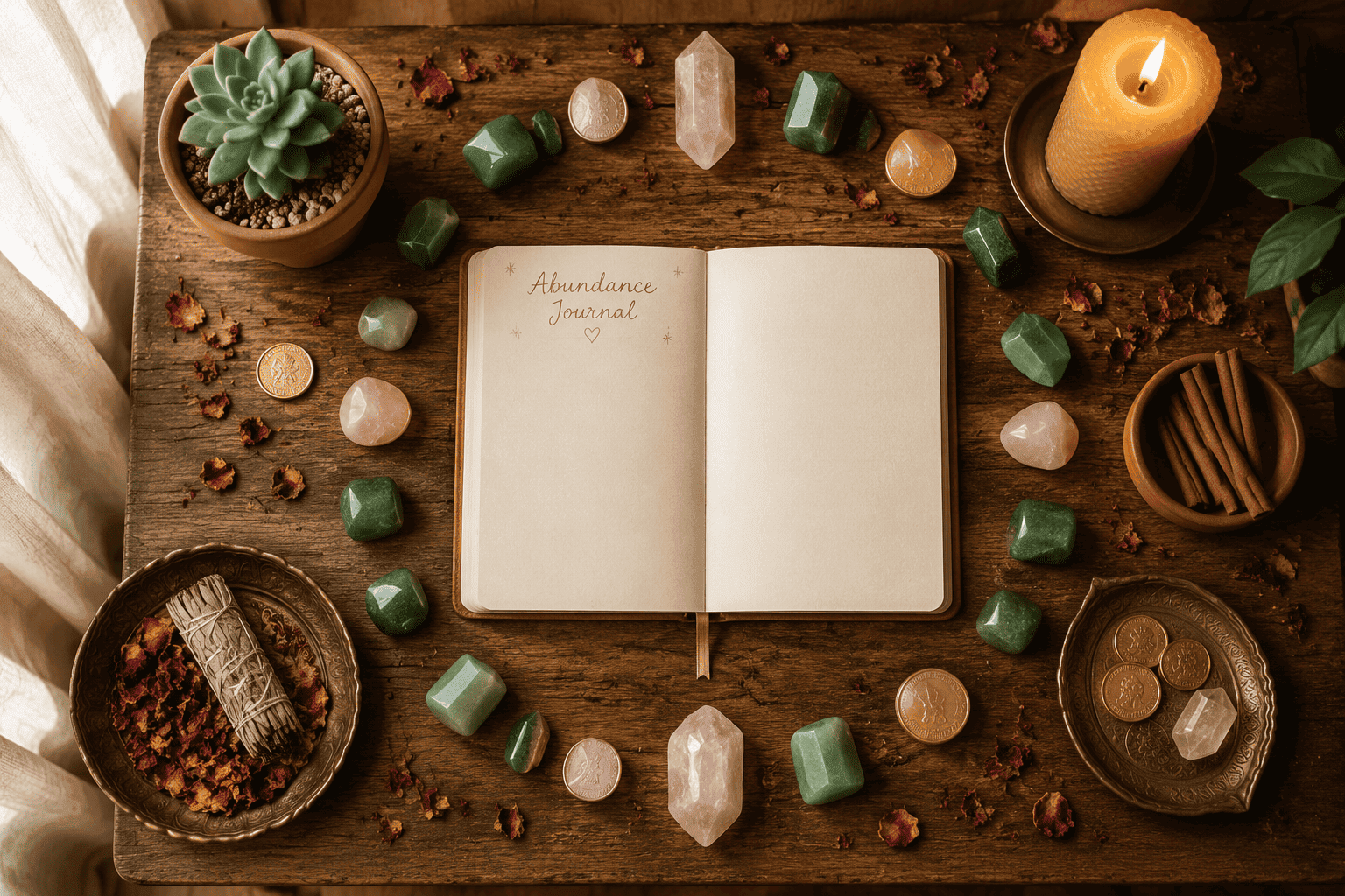 () flat-lay styled ritual scene viewed from directly above: a wooden altar surface with green aventurine and rose quartz