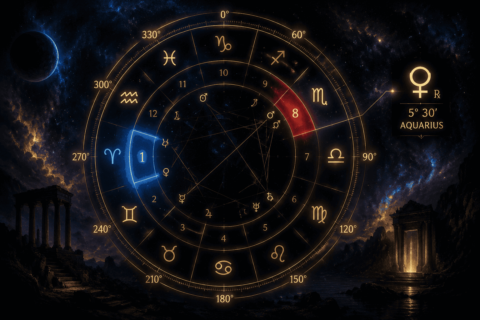 () illustration showing a glowing astrological natal chart wheel on a dark cosmic background, with the 8th house segment