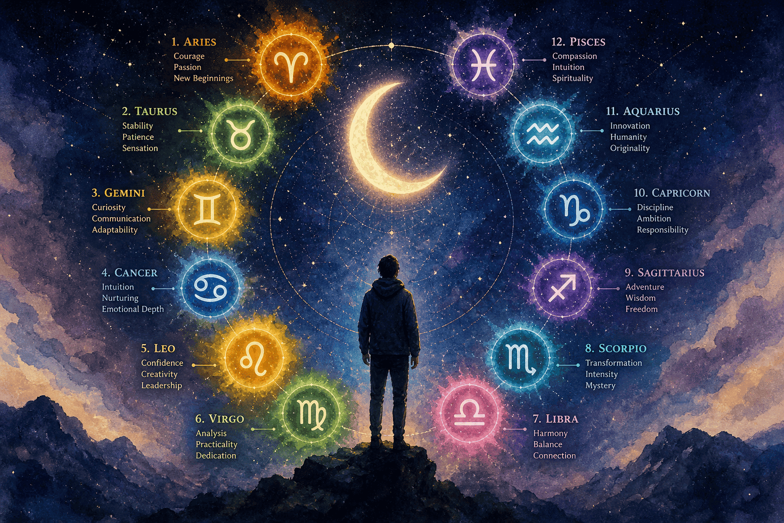 () illustration showing a glowing crescent moon above twelve zodiac symbols arranged in a circle, each symbol radiating a