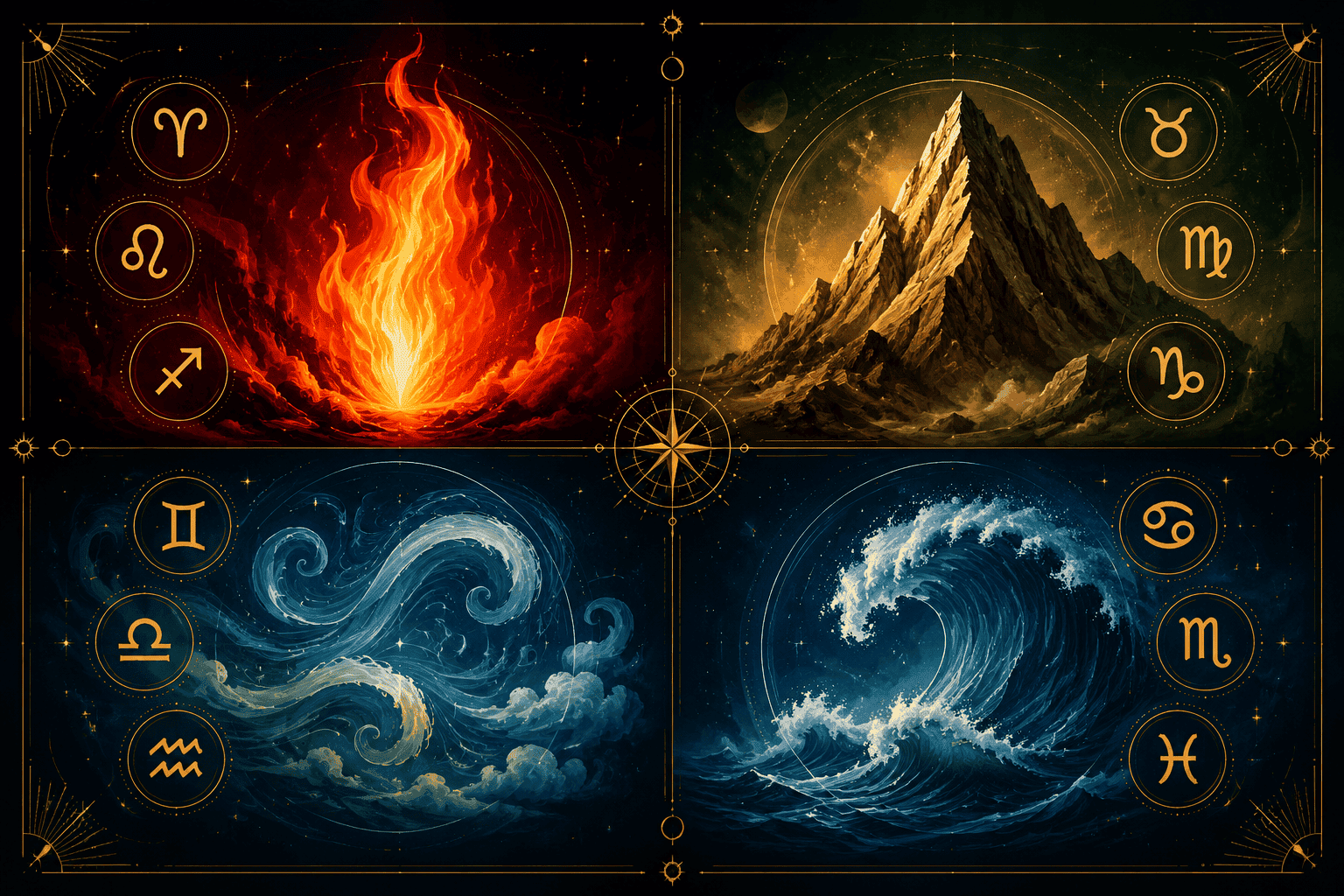 () illustration showing four elemental symbols arranged in a 2x2 grid: a flame for Fire, a mountain peak for Earth, swirling