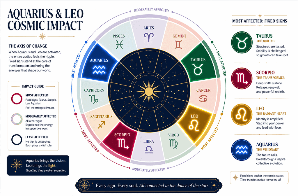 () infographic-style image showing a circular zodiac wheel with all 12 signs highlighted, Aquarius and Leo glowing brightest