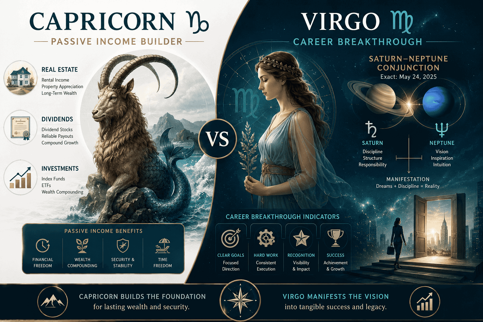 () infographic-style image showing a split-panel comparison: left side features Capricorn sea-goat symbol surrounded by