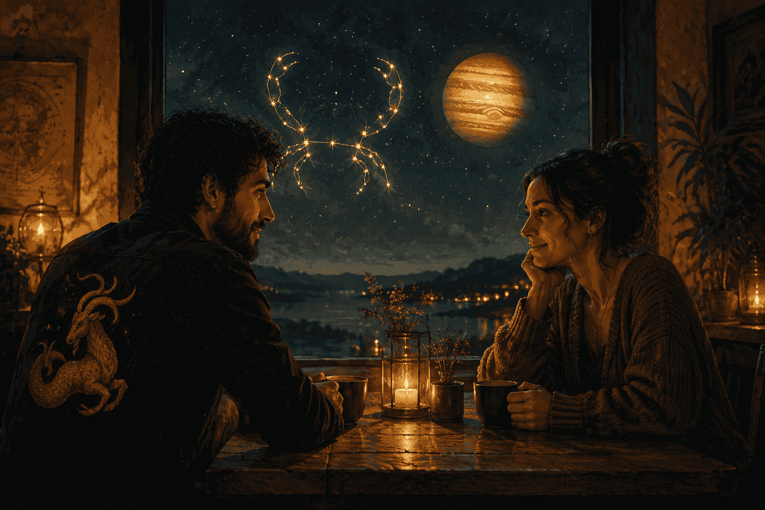 () intimate scene of two people sitting across from each other at a simple wooden table with coffee cups, warm candlelight,