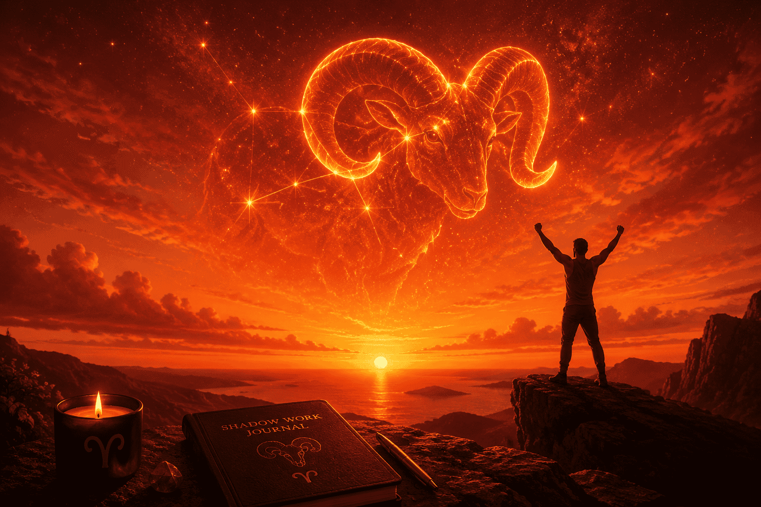 () moody editorial photograph-style illustration of a person in silhouette standing at sunrise on a rocky cliff, arms raised