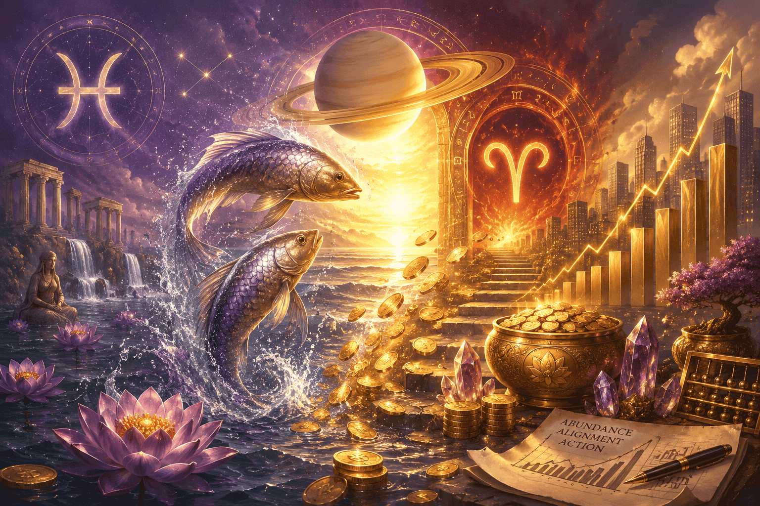 () mystical yet financial scene showing Pisces fish symbol emerging from water into golden light, with Saturn transitioning