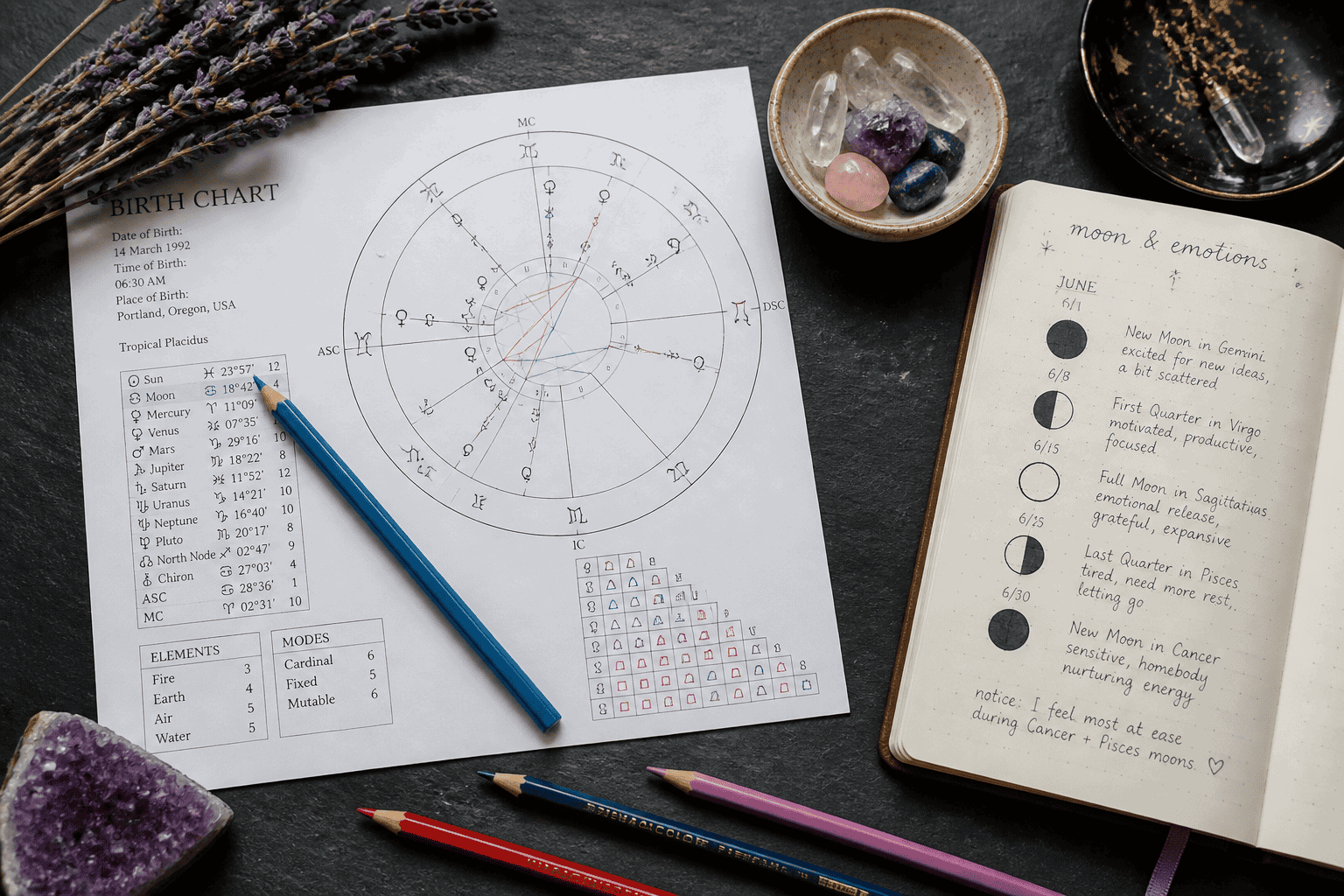 () overhead flat-lay composition on a dark slate surface featuring an open astrology birth chart printout, colored pencils