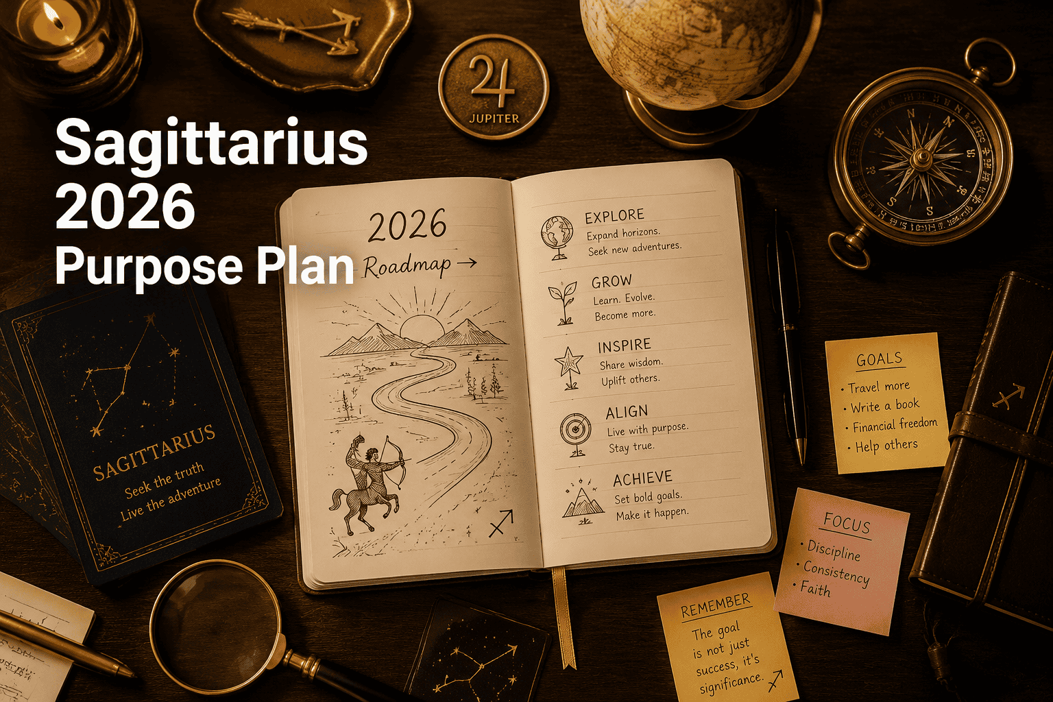 () overhead flat-lay concept image showing a Sagittarius-themed strategic planning workspace: an open journal with a 2026