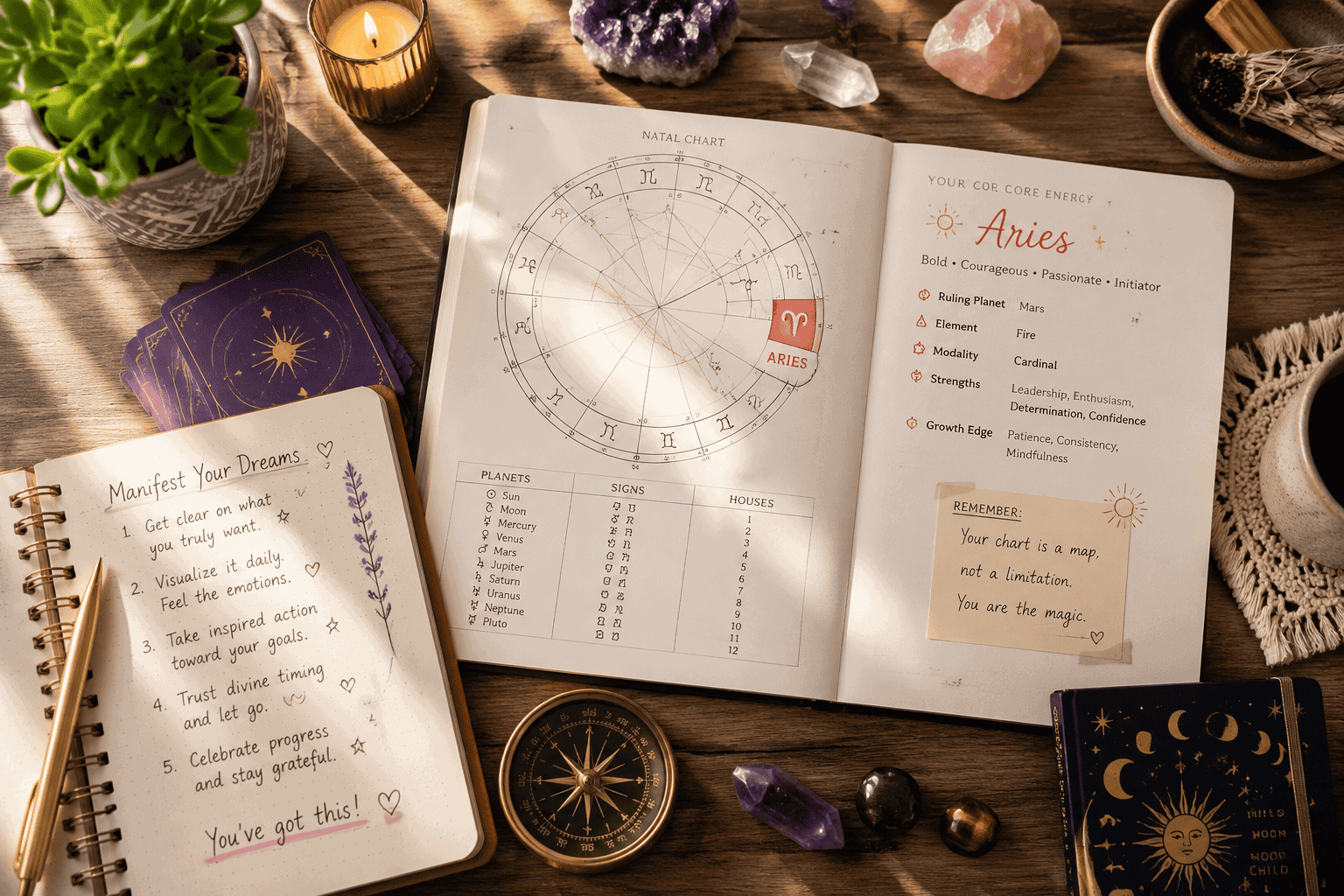 () overhead flat-lay style image of a beginner astrologer's workspace: open natal birth chart wheel with Aries highlighted