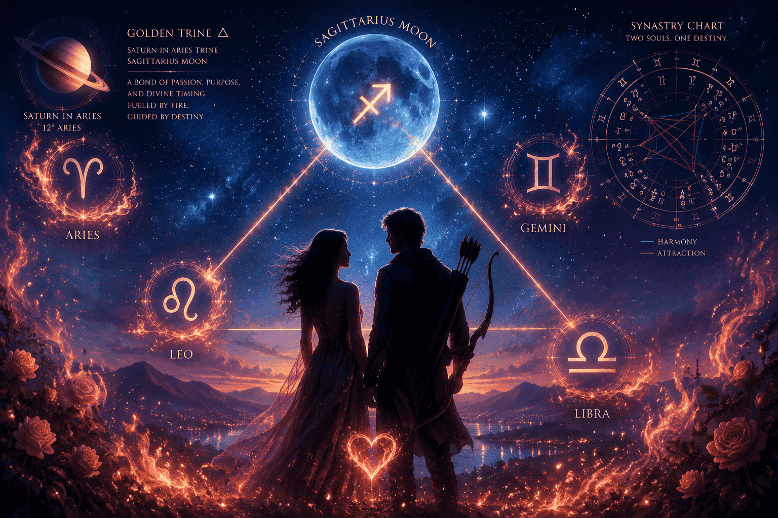 () romantic astrology scene showing two silhouetted figures — one holding a Sagittarius archer bow — standing beneath a