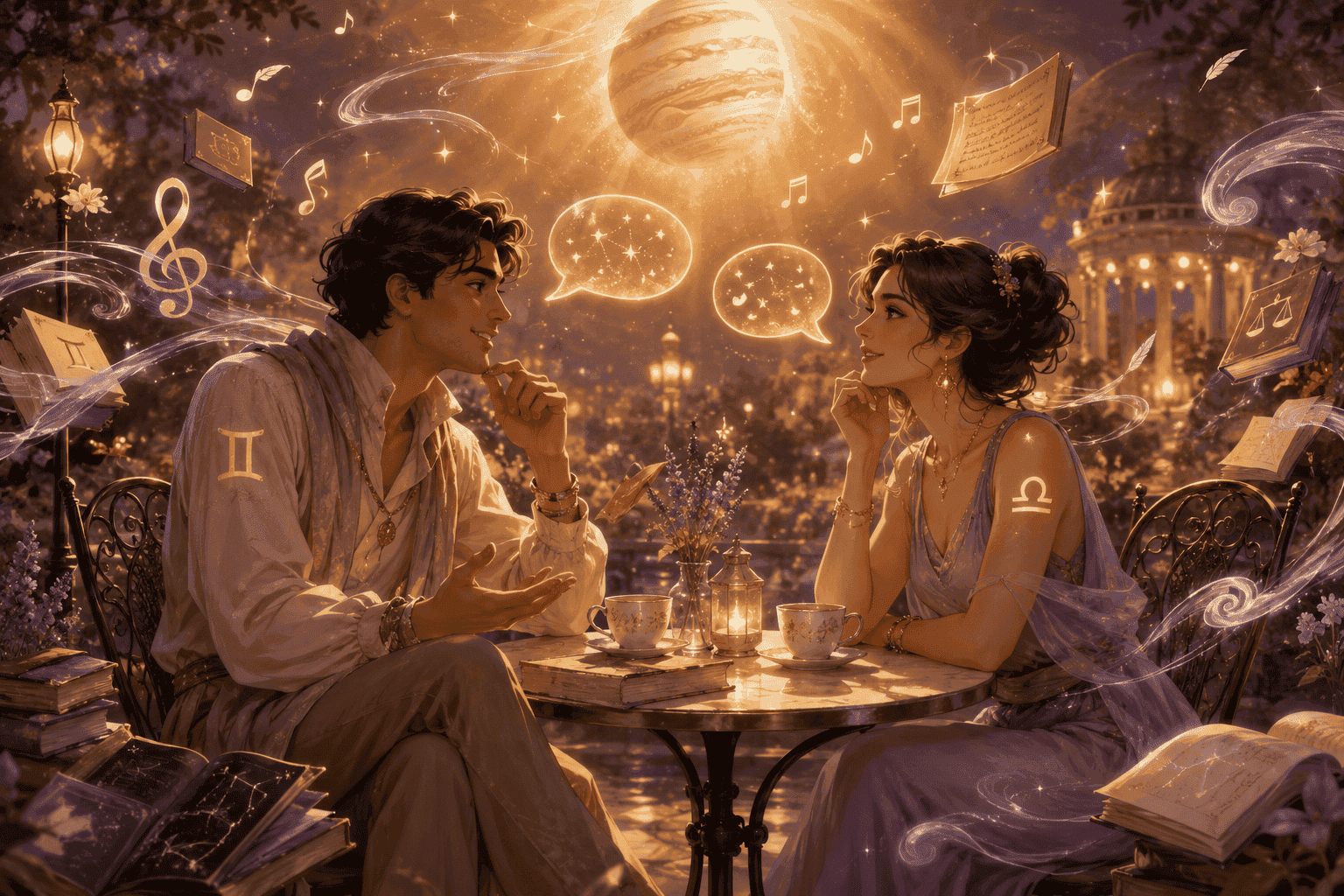 () romantic scene showing two stylized figures representing Gemini and Libra seated across from each other at an outdoor