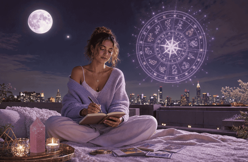 () serene editorial image of a woman sitting cross-legged on a rooftop under a full moon, journaling with a rose quartz