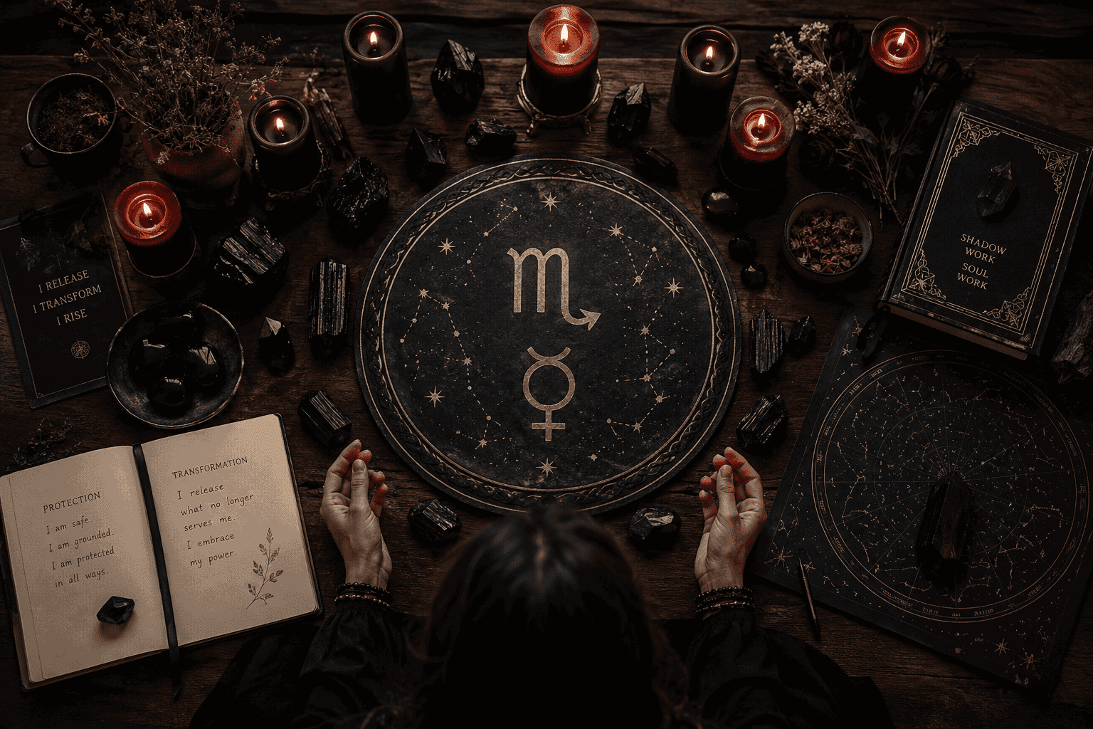 () serene healing ritual scene viewed from above showing a person meditating at a circular altar with Scorpio and Mercury