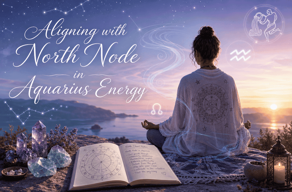 () serene spiritual practice scene showing a person meditating outdoors at dawn, surrounded by floating astrological symbols