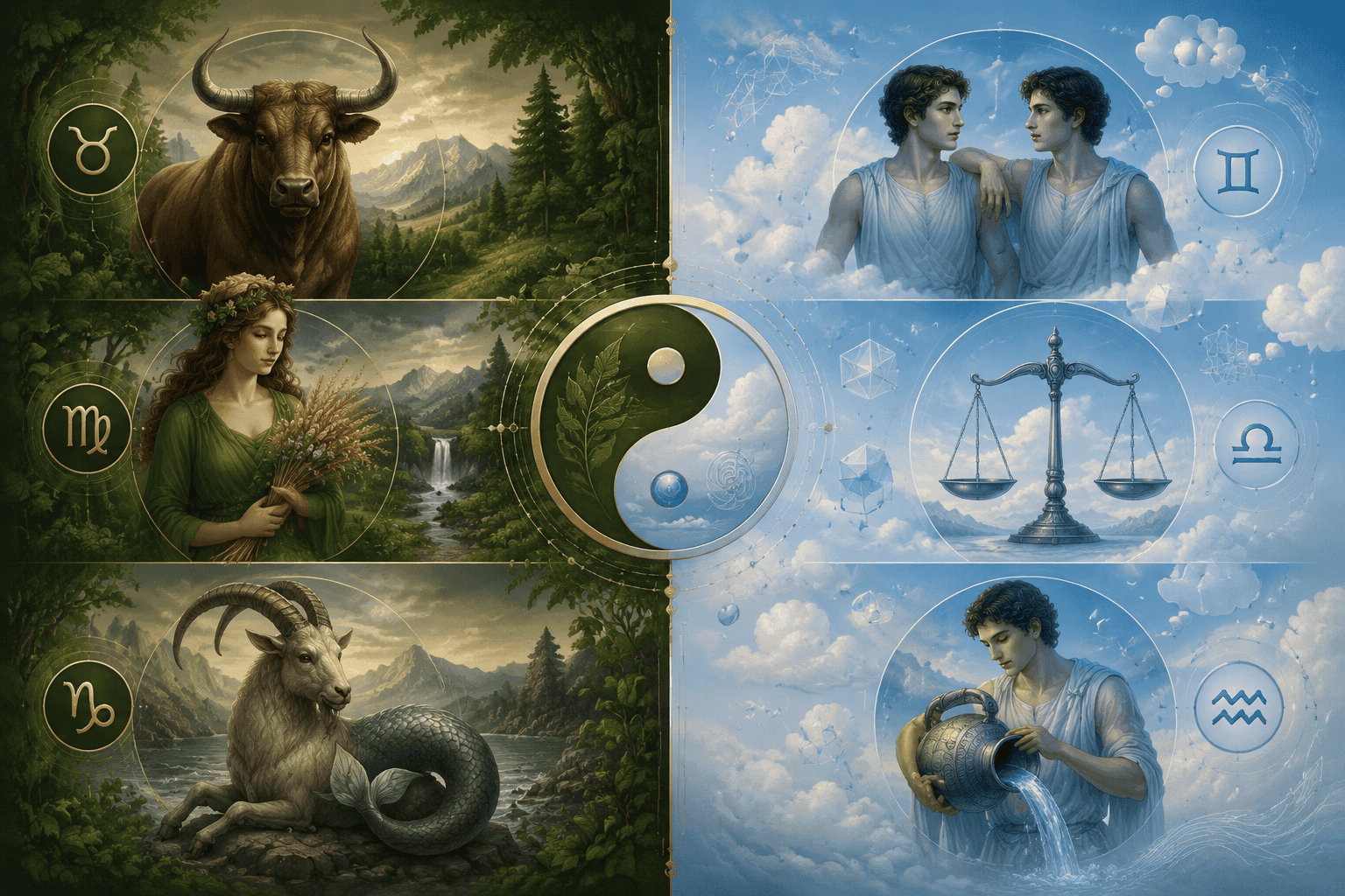 () serene split-panel illustration contrasting Earth signs (Taurus bull, Virgo maiden, Capricorn sea-goat) in rich forest