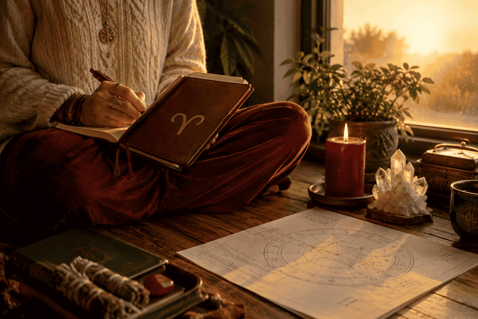 () serene yet powerful ritual scene: a person seated cross-legged on a wooden floor beside a window at dawn, journaling in a