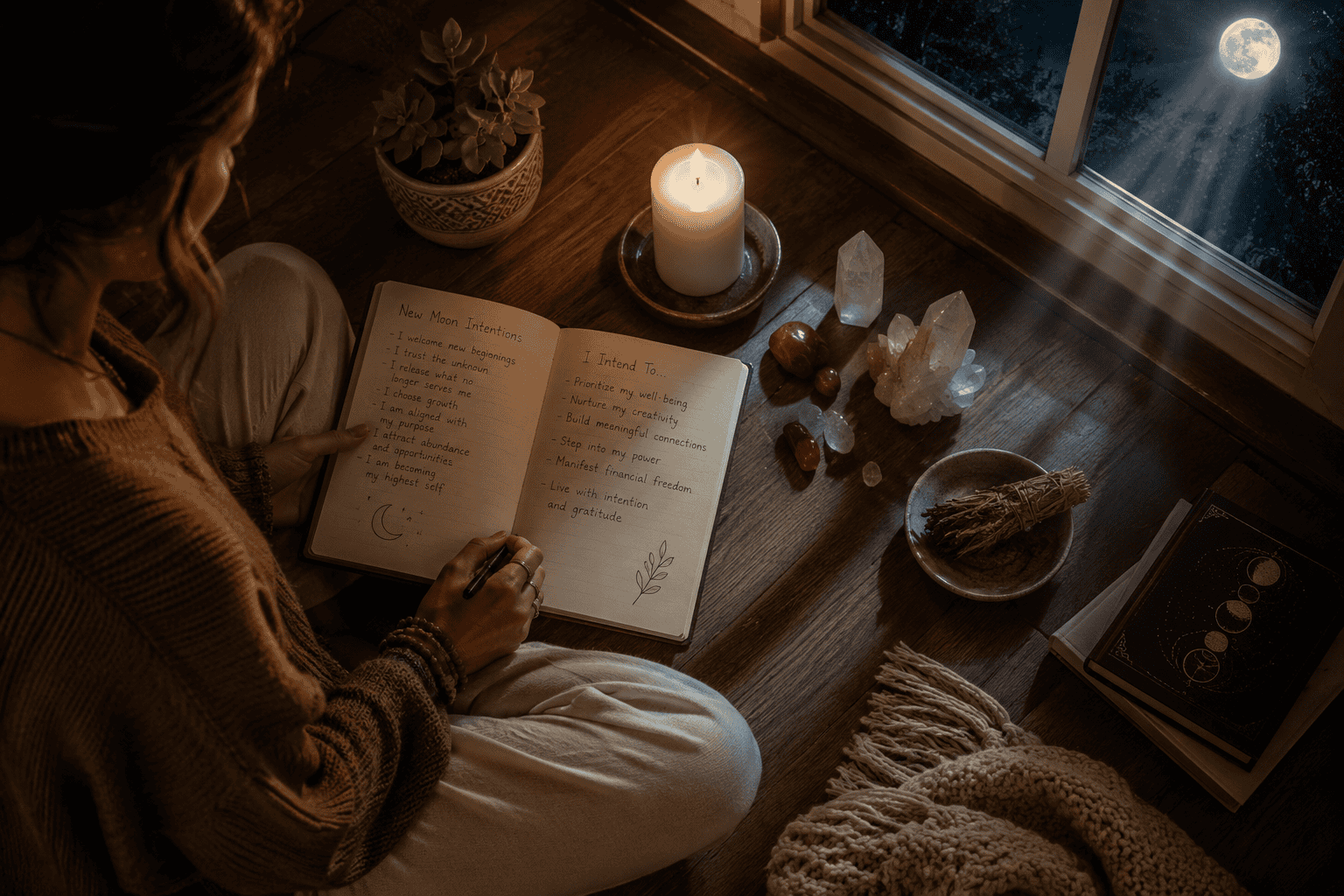 () showing a person sitting cross-legged on a wooden floor at night beside a lit white candle, journal open with handwritten