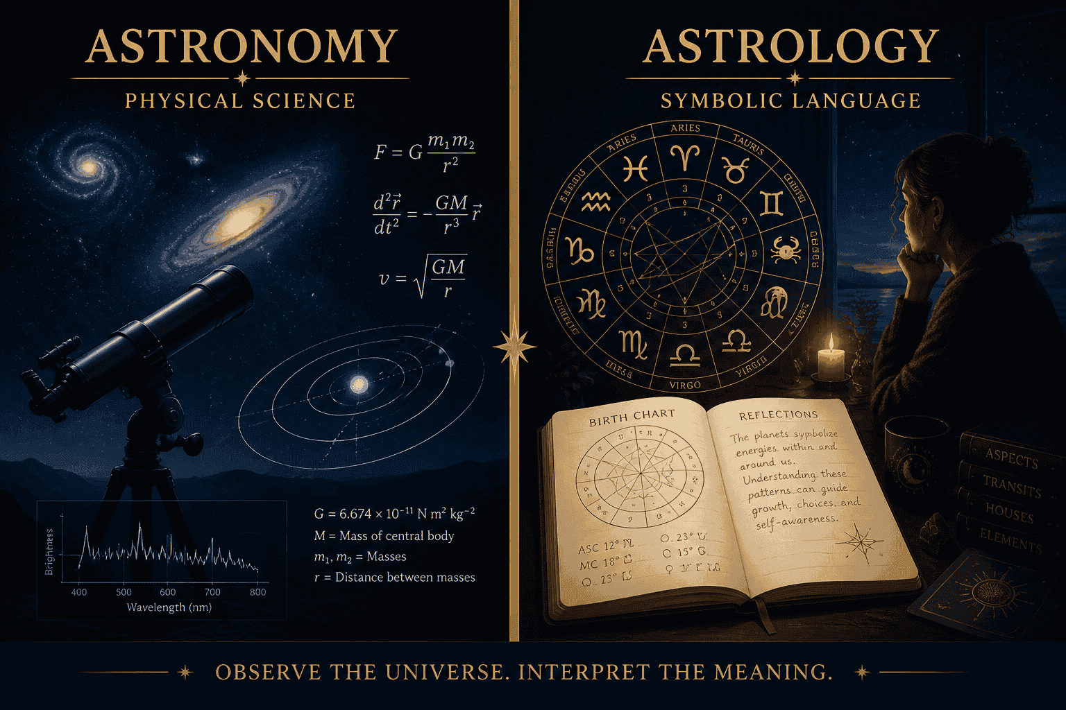 () side-by-side comparison visual: left panel shows a telescope pointed at galaxies with scientific equations and orbital