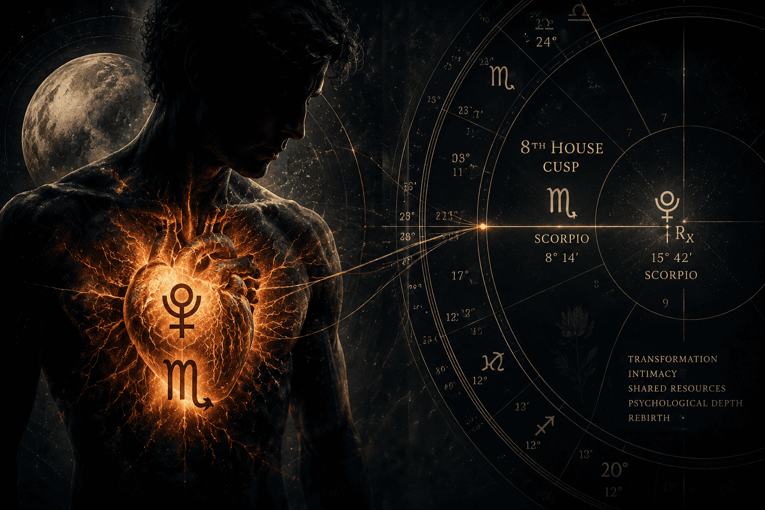 () split-composition image showing a human silhouette from the waist up on the left side, chest area revealing a glowing