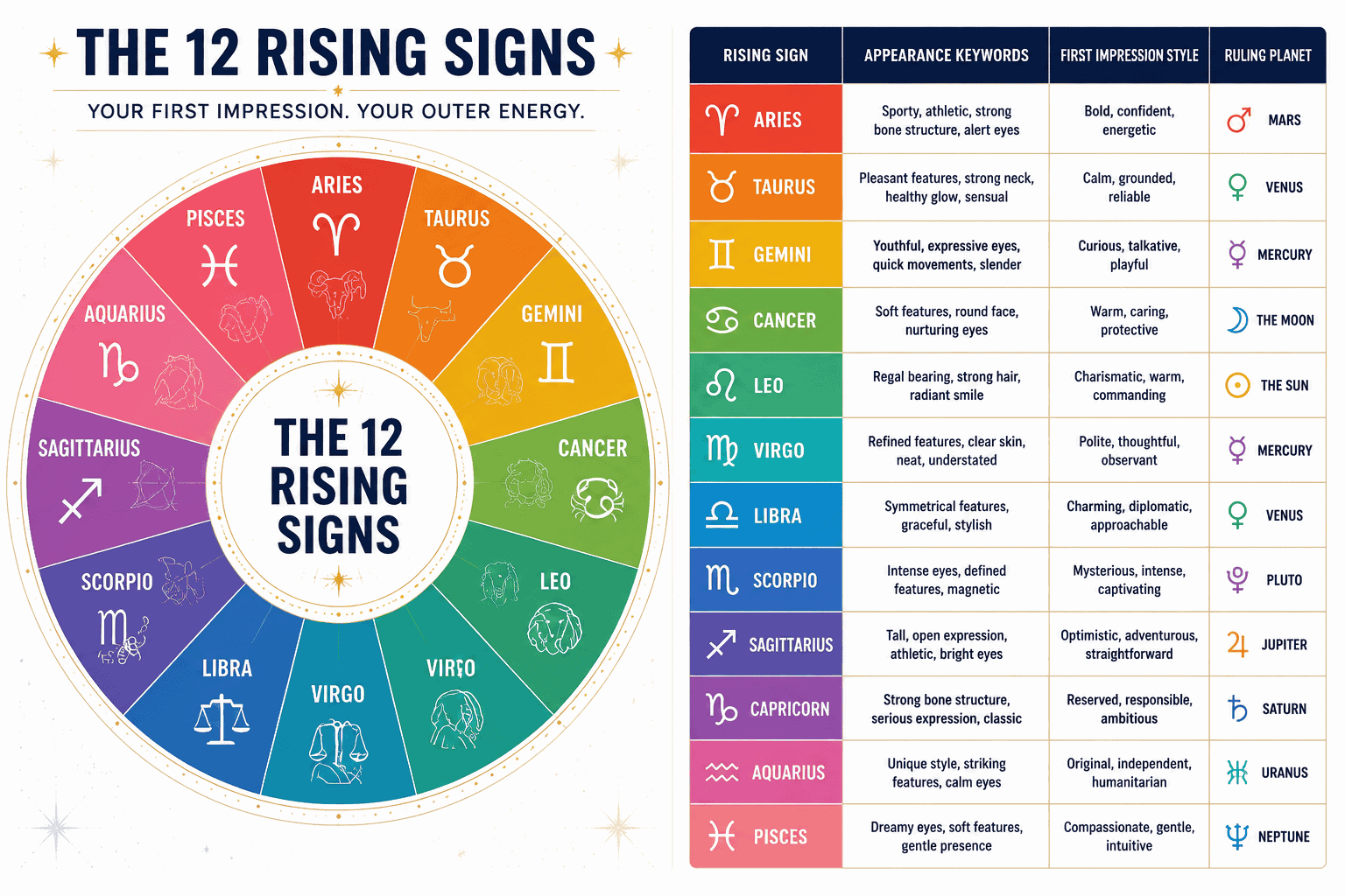 () split-panel comparison infographic showing all 12 rising signs arranged in a colorful circular wheel on the left, with a